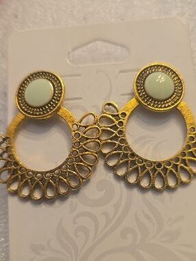 Gold Filigree Hoop Earrings with Mint Accent - Women Jewelry